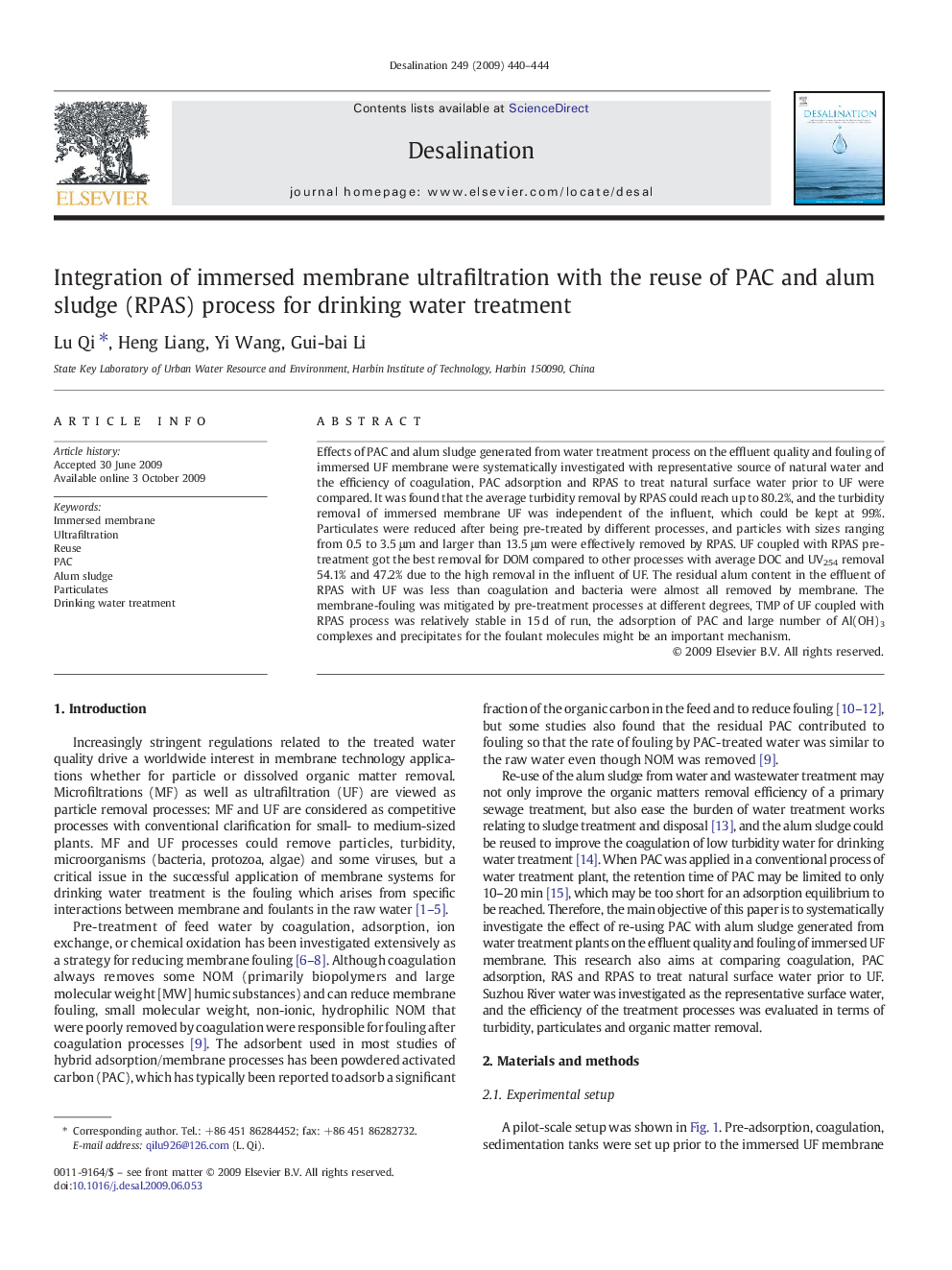 Integration of immersed membrane ultrafiltration with the reuse of PAC and alum sludge (RPAS) process for drinking water treatment