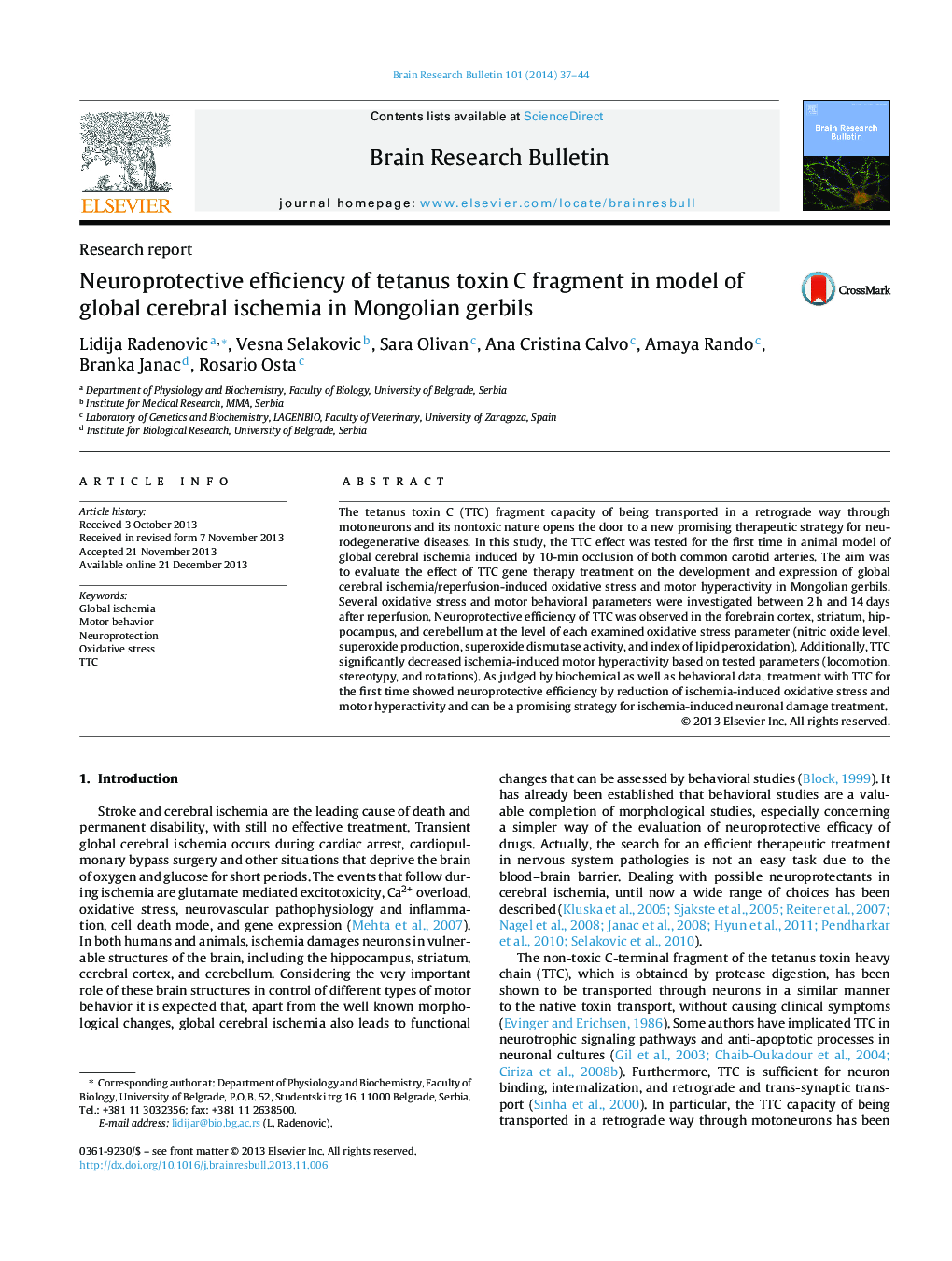 Research reportNeuroprotective efficiency of tetanus toxin C fragment in model of global cerebral ischemia in Mongolian gerbils