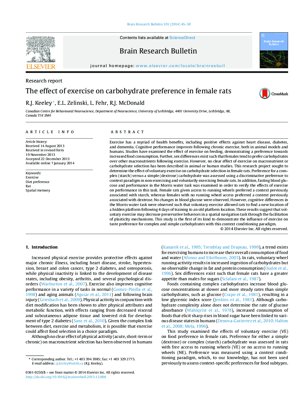 Research reportThe effect of exercise on carbohydrate preference in female rats