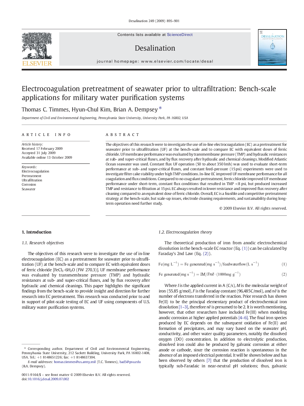 Electrocoagulation pretreatment of seawater prior to ultrafiltration: Bench-scale applications for military water purification systems