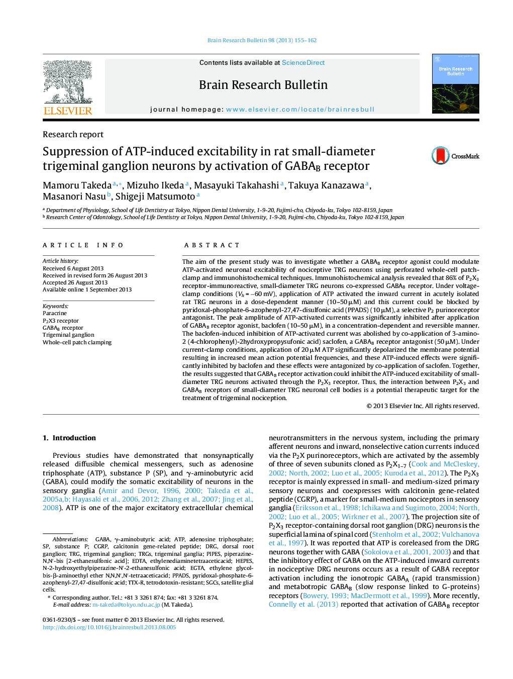 Research reportSuppression of ATP-induced excitability in rat small-diameter trigeminal ganglion neurons by activation of GABAB receptor