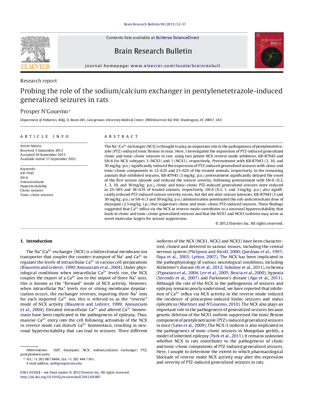 Research reportProbing the role of the sodium/calcium exchanger in pentylenetetrazole-induced generalized seizures in rats