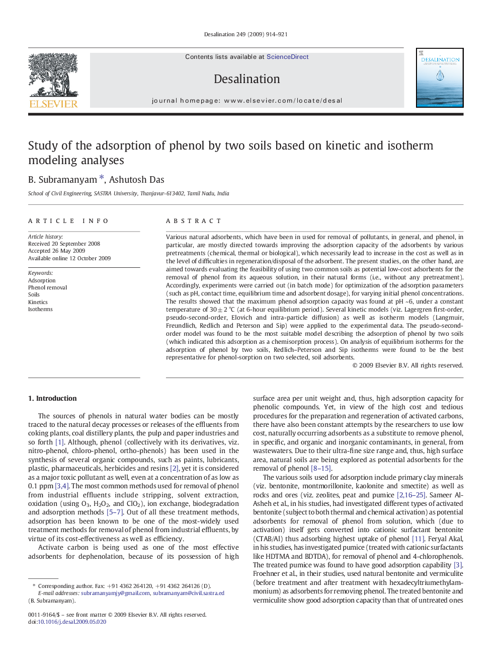 Study of the adsorption of phenol by two soils based on kinetic and isotherm modeling analyses