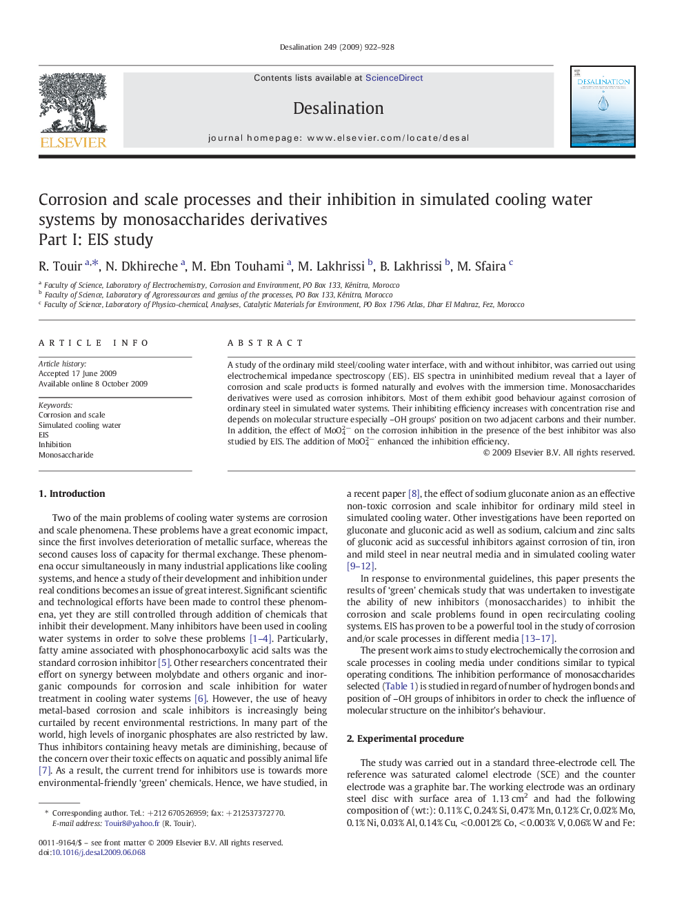 Corrosion and scale processes and their inhibition in simulated cooling water systems by monosaccharides derivatives: Part I: EIS study