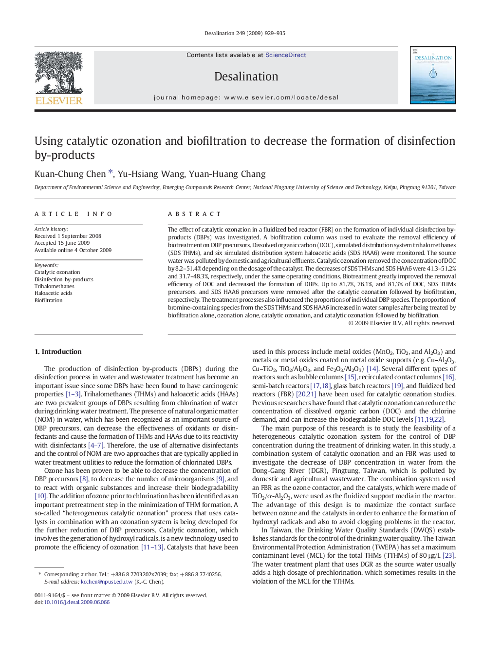 Using catalytic ozonation and biofiltration to decrease the formation of disinfection by-products