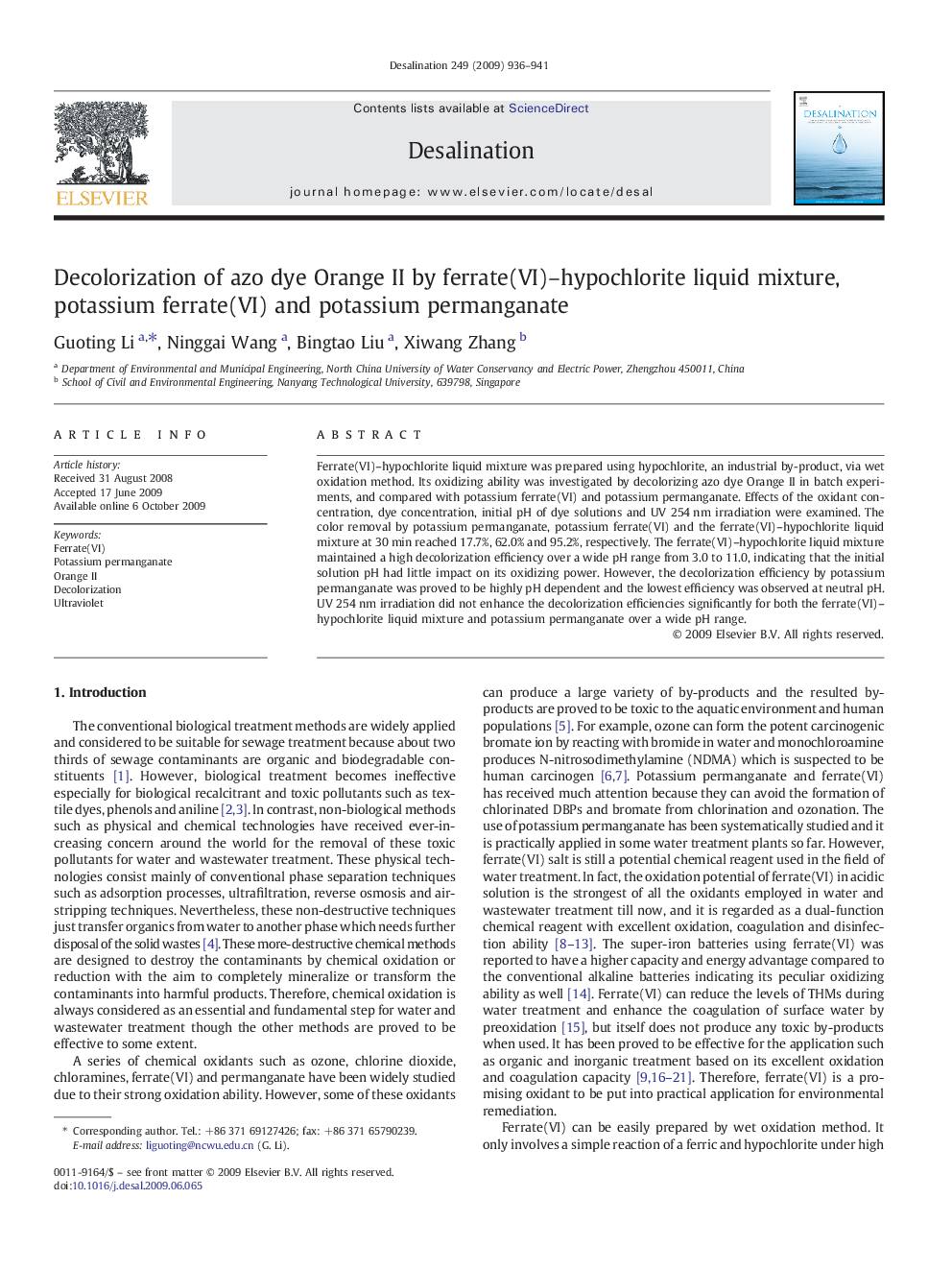 Decolorization of azo dye Orange II by ferrate(VI)–hypochlorite liquid mixture, potassium ferrate(VI) and potassium permanganate