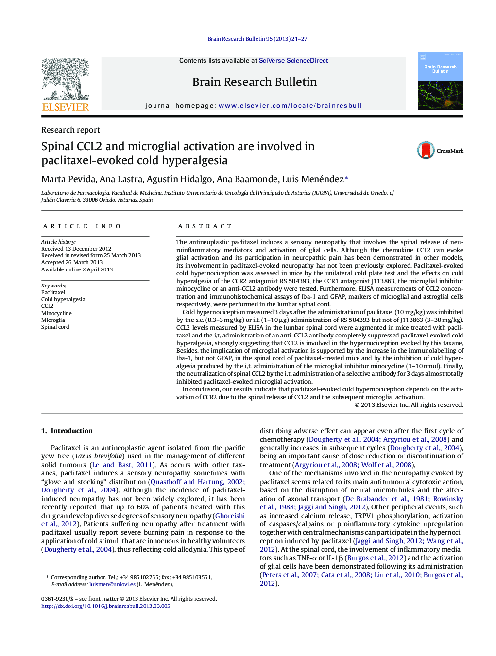 Research reportSpinal CCL2 and microglial activation are involved in paclitaxel-evoked cold hyperalgesia