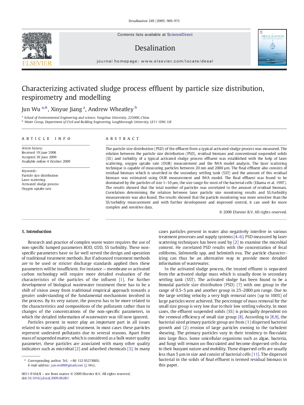 Characterizing activated sludge process effluent by particle size distribution, respirometry and modelling