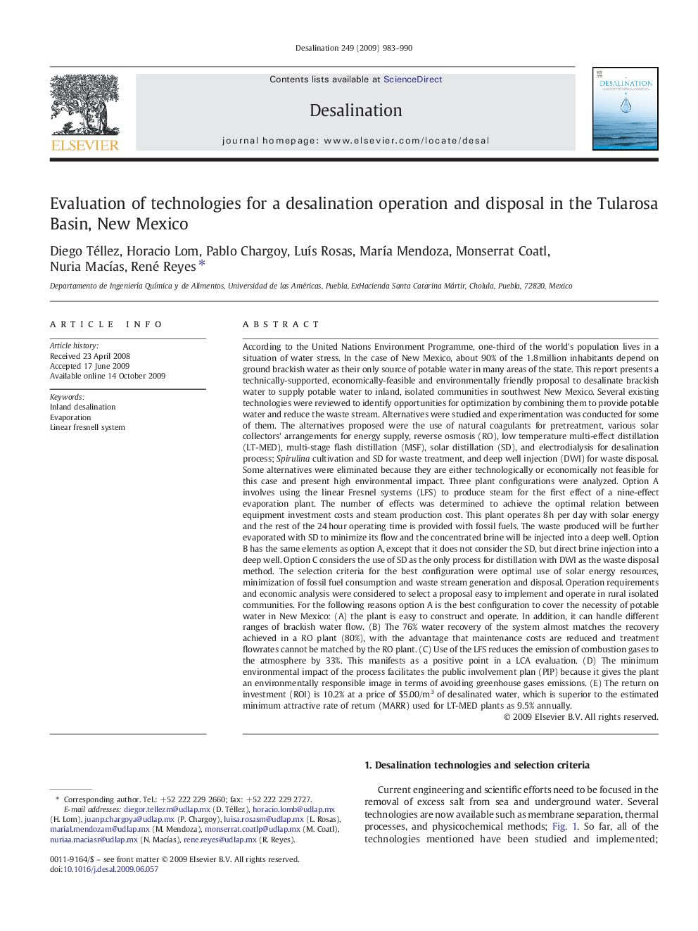 Evaluation of technologies for a desalination operation and disposal in the Tularosa Basin, New Mexico