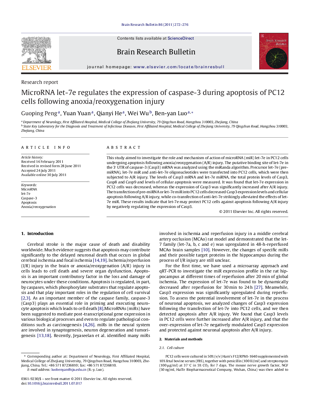 عکس صفحه اول مقاله: Research reportMicroRNA let-7e regulates the expression of caspase-3 during apoptosis of PC12 cells following anoxia/reoxygenation injury Research reportMicroRNA let-7e regulates the expression of caspase-3 during apoptosis of PC12 cells following anoxia/reoxygenation injury