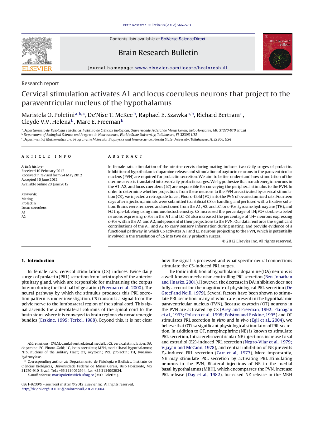 Research reportCervical stimulation activates A1 and locus coeruleus neurons that project to the paraventricular nucleus of the hypothalamus