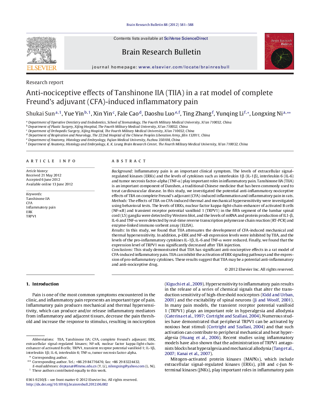 Research reportAnti-nociceptive effects of Tanshinone IIA (TIIA) in a rat model of complete Freund's adjuvant (CFA)-induced inflammatory pain