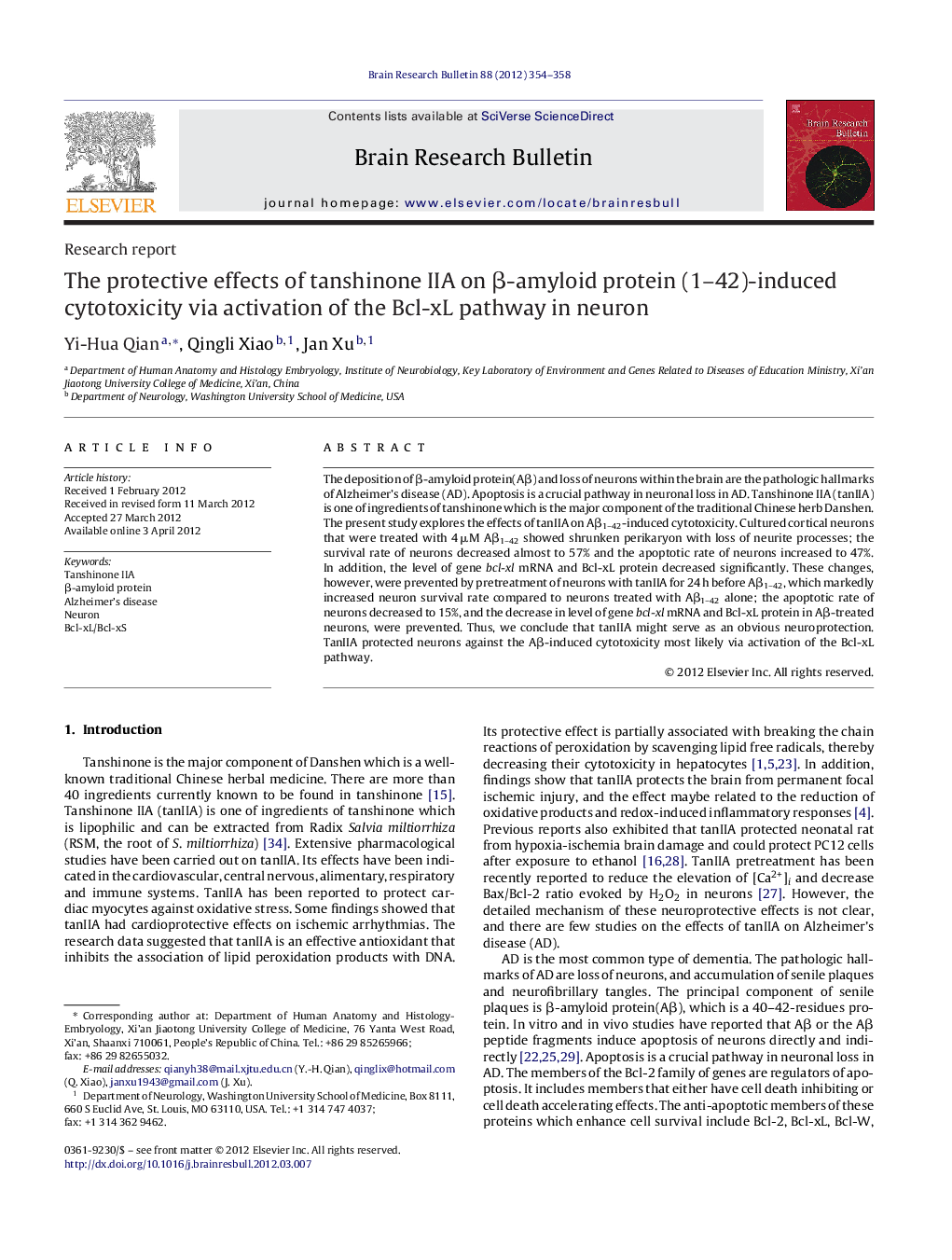 Research reportThe protective effects of tanshinone IIA on Î²-amyloid protein (1-42)-induced cytotoxicity via activation of the Bcl-xL pathway in neuron