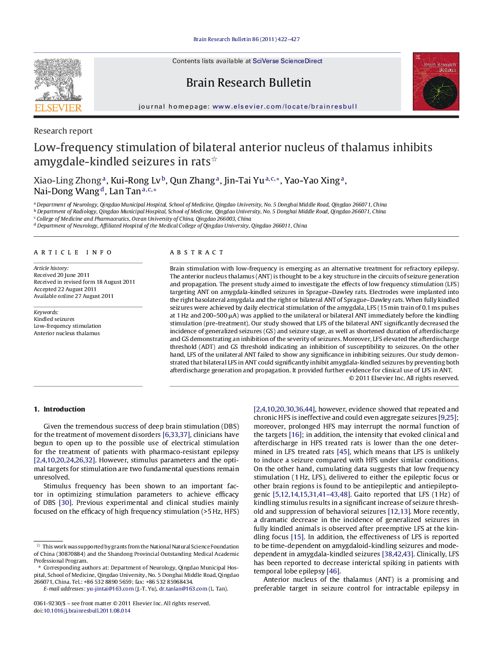 Research reportLow-frequency stimulation of bilateral anterior nucleus of thalamus inhibits amygdale-kindled seizures in rats