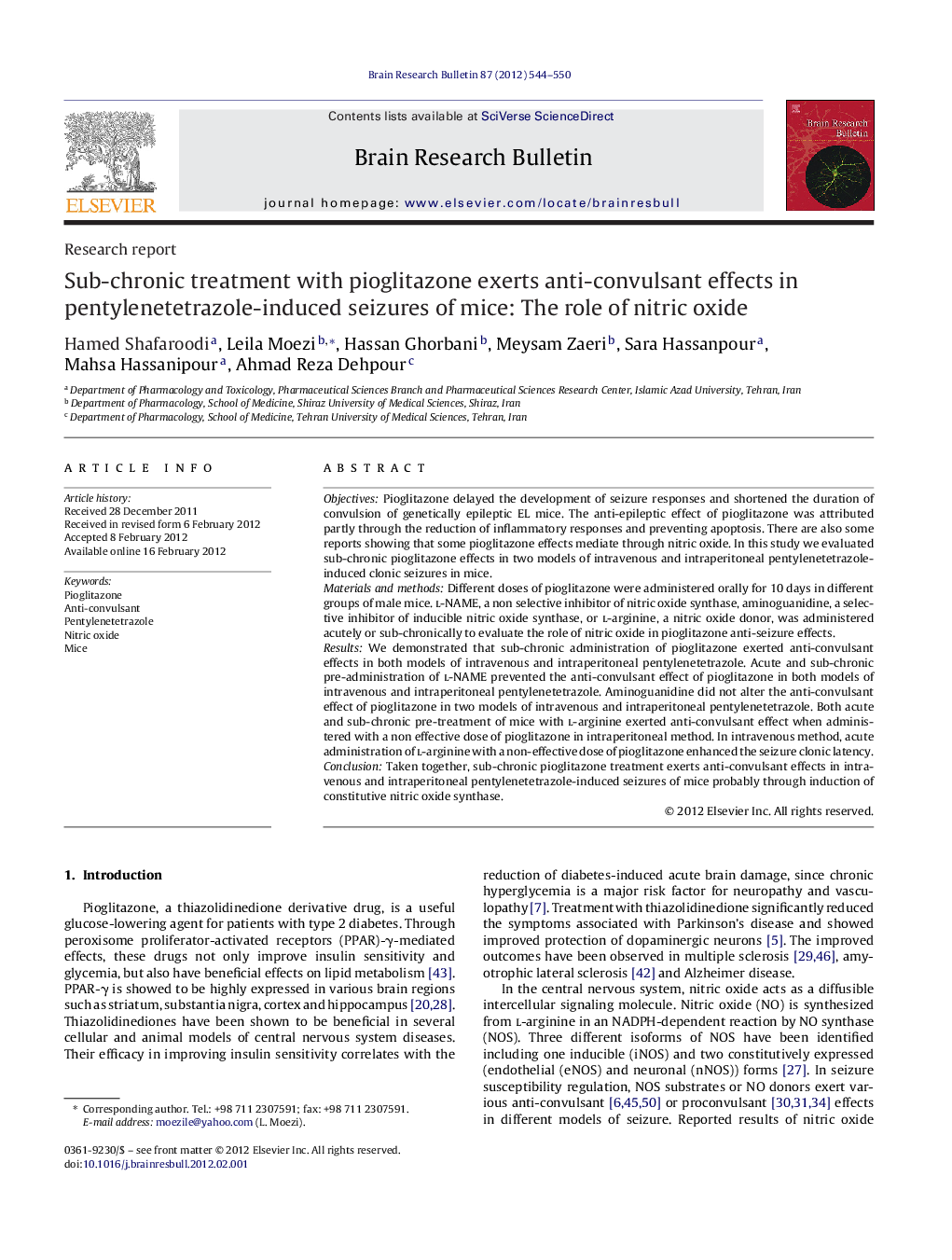 Research reportSub-chronic treatment with pioglitazone exerts anti-convulsant effects in pentylenetetrazole-induced seizures of mice: The role of nitric oxide