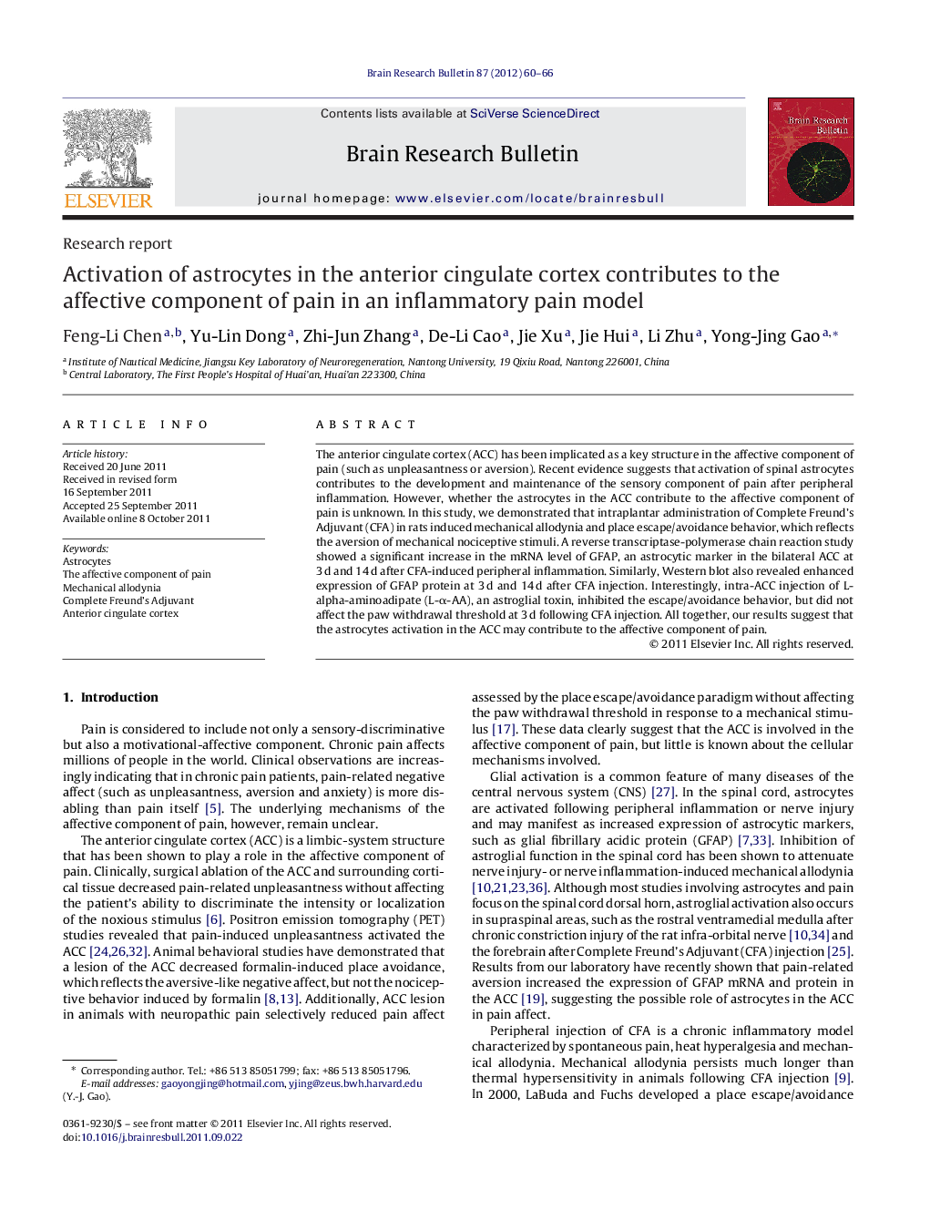 Research reportActivation of astrocytes in the anterior cingulate cortex contributes to the affective component of pain in an inflammatory pain model