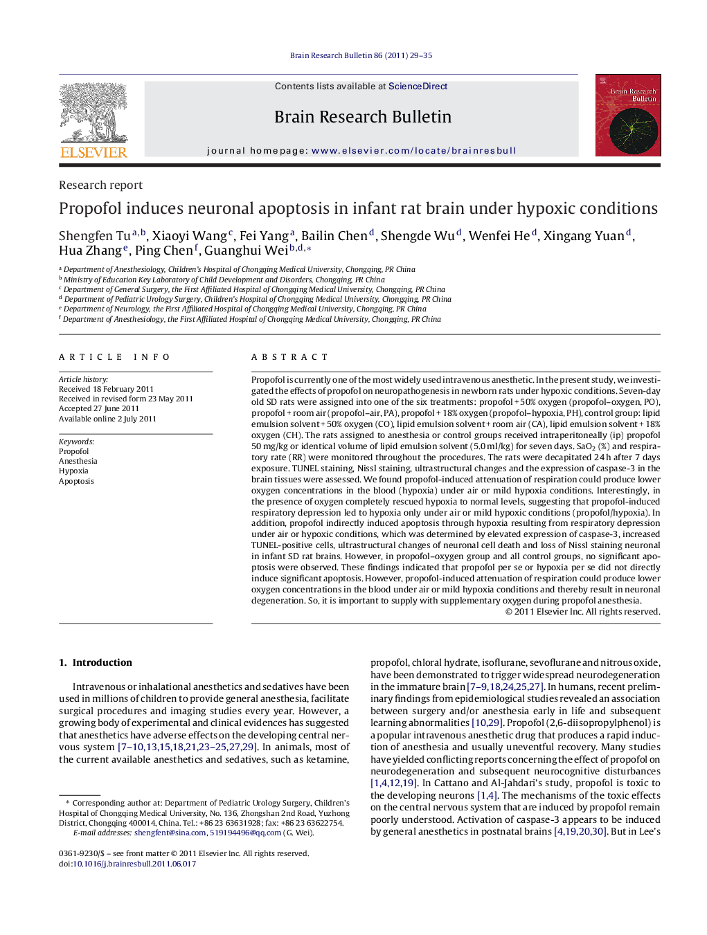 Research reportPropofol induces neuronal apoptosis in infant rat brain under hypoxic conditions