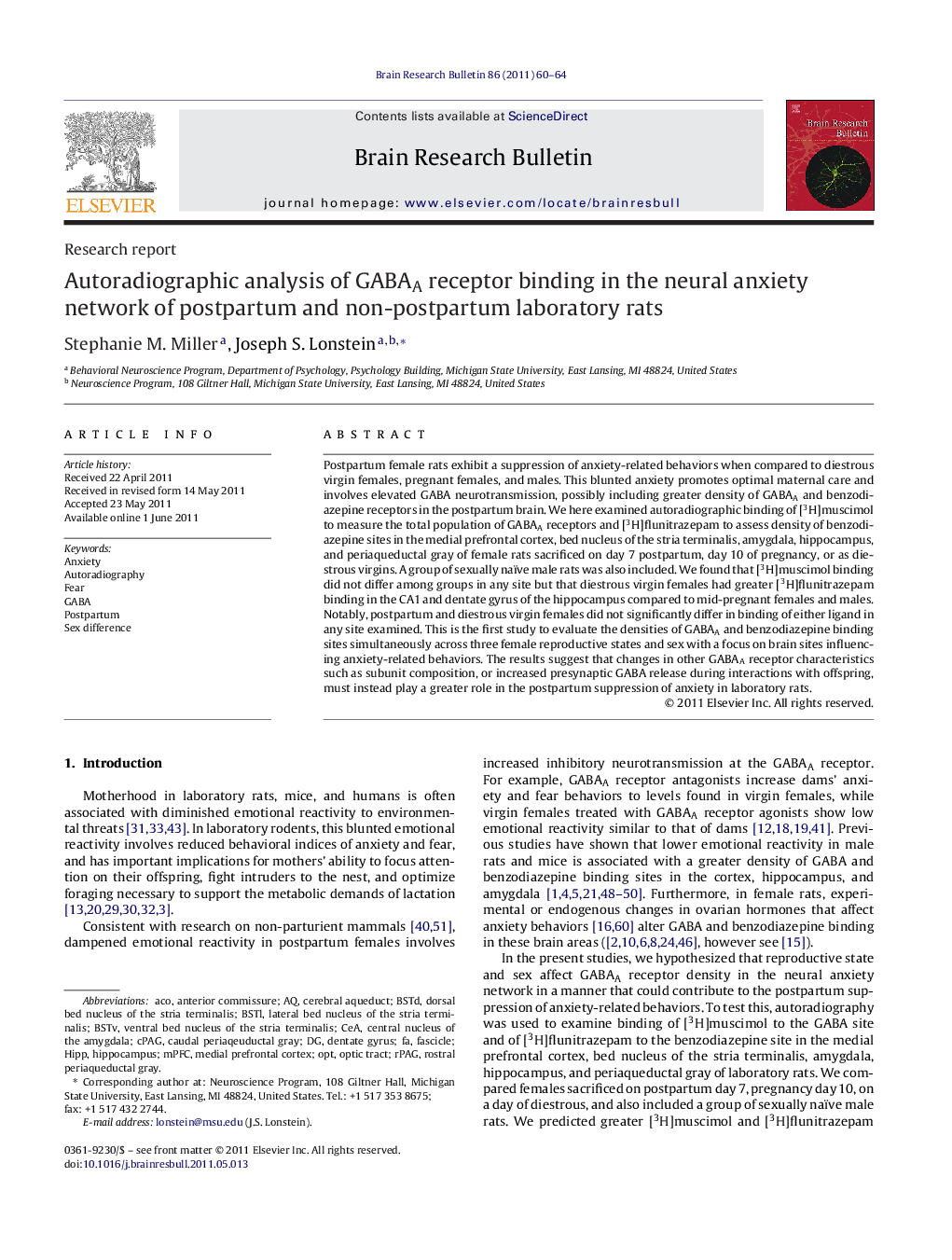 Research reportAutoradiographic analysis of GABAA receptor binding in the neural anxiety network of postpartum and non-postpartum laboratory rats