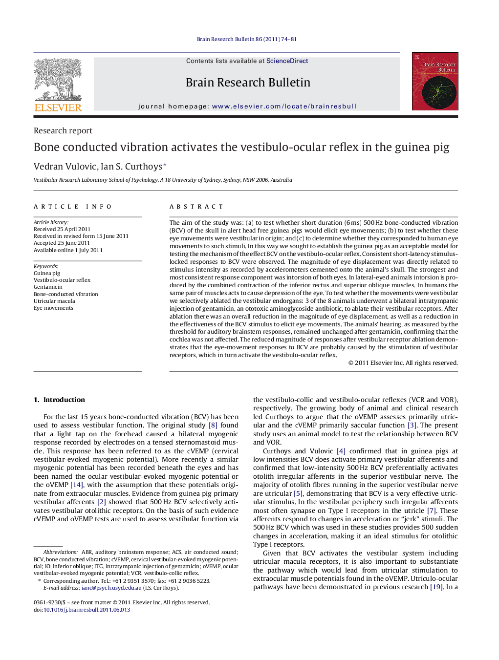 Research reportBone conducted vibration activates the vestibulo-ocular reflex in the guinea pig