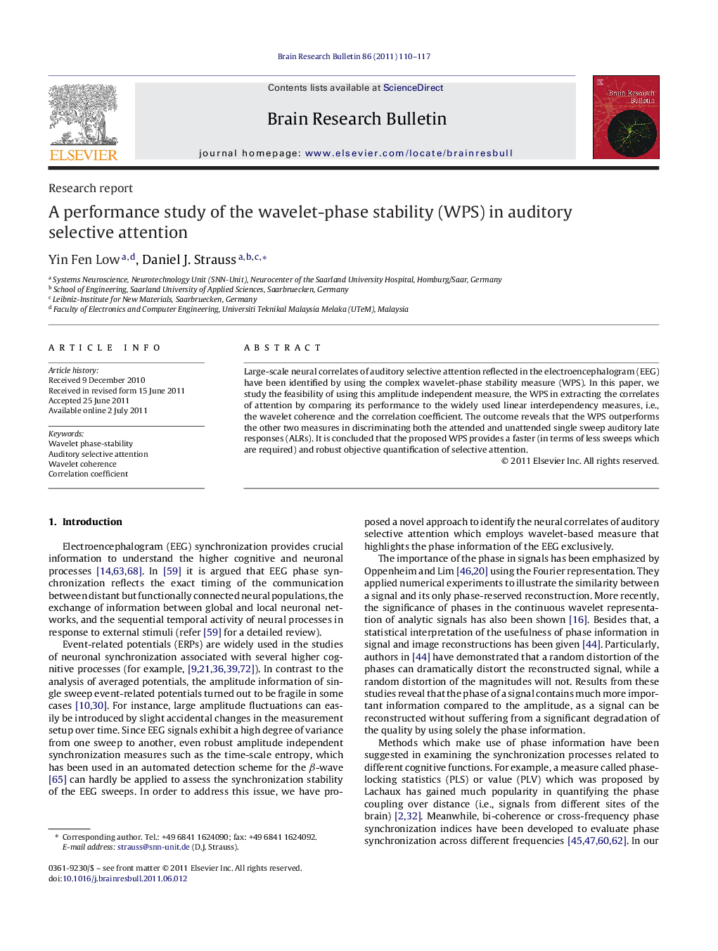 Research reportA performance study of the wavelet-phase stability (WPS) in auditory selective attention