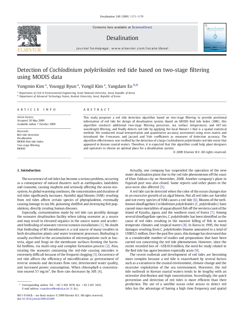 Detection of Cochlodinium polykrikoides red tide based on two-stage filtering using MODIS data