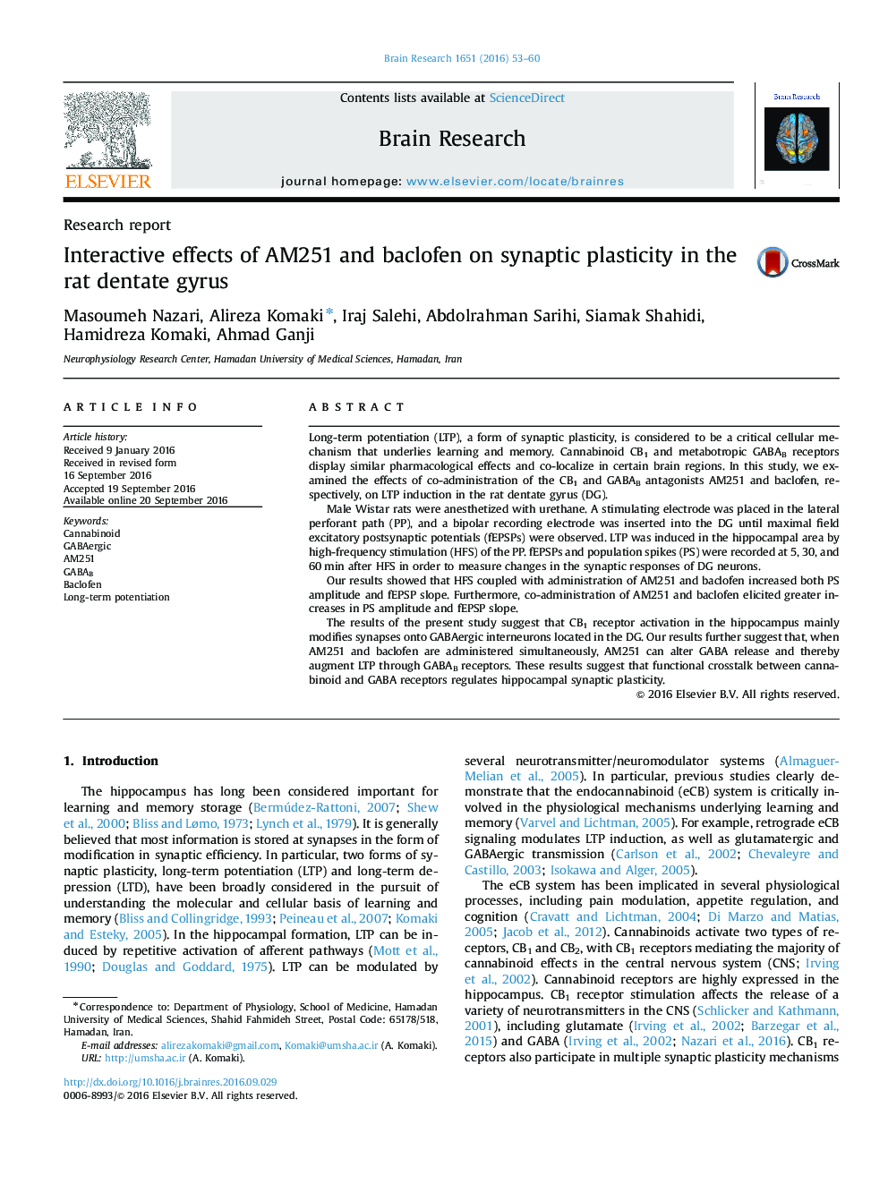 Research reportInteractive effects of AM251 and baclofen on synaptic plasticity in the rat dentate gyrus