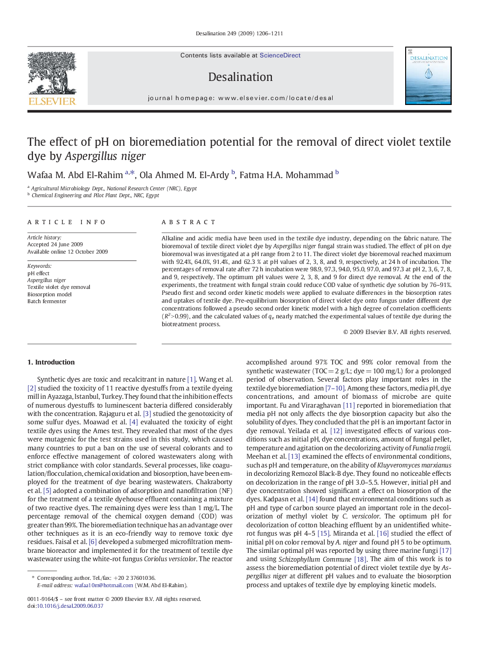 The effect of pH on bioremediation potential for the removal of direct violet textile dye by Aspergillus niger