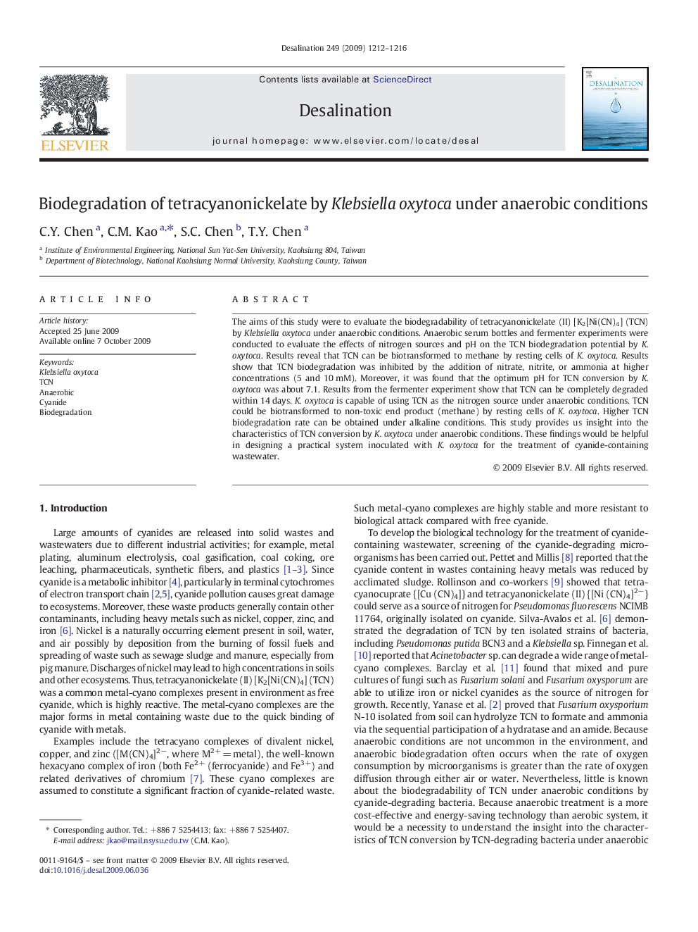 Biodegradation of tetracyanonickelate by Klebsiella oxytoca under anaerobic conditions