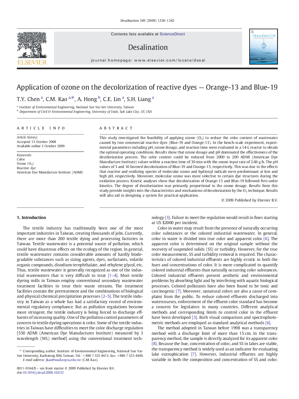 Application of ozone on the decolorization of reactive dyes — Orange-13 and Blue-19