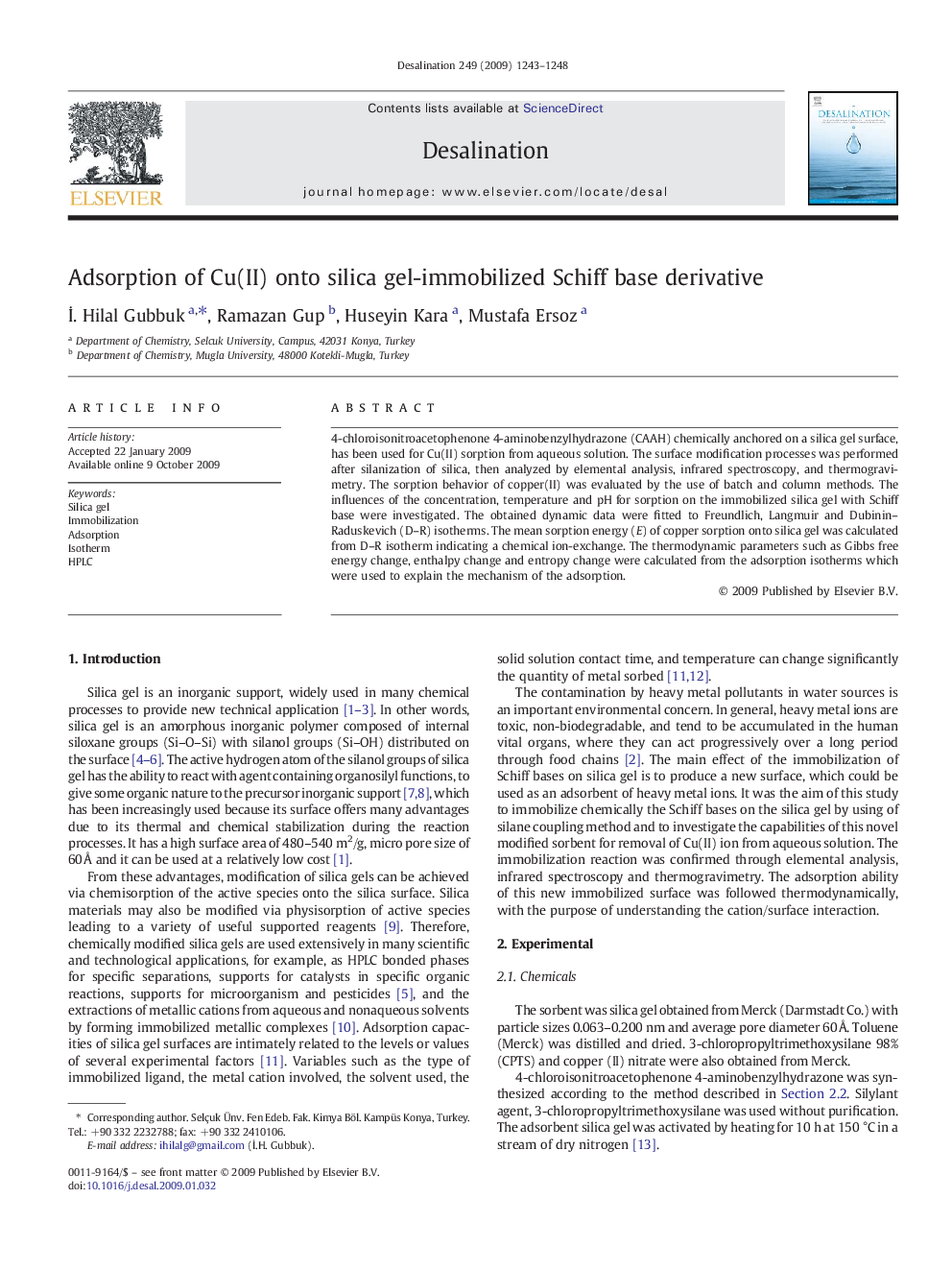 Adsorption of Cu(II) onto silica gel-immobilized Schiff base derivative