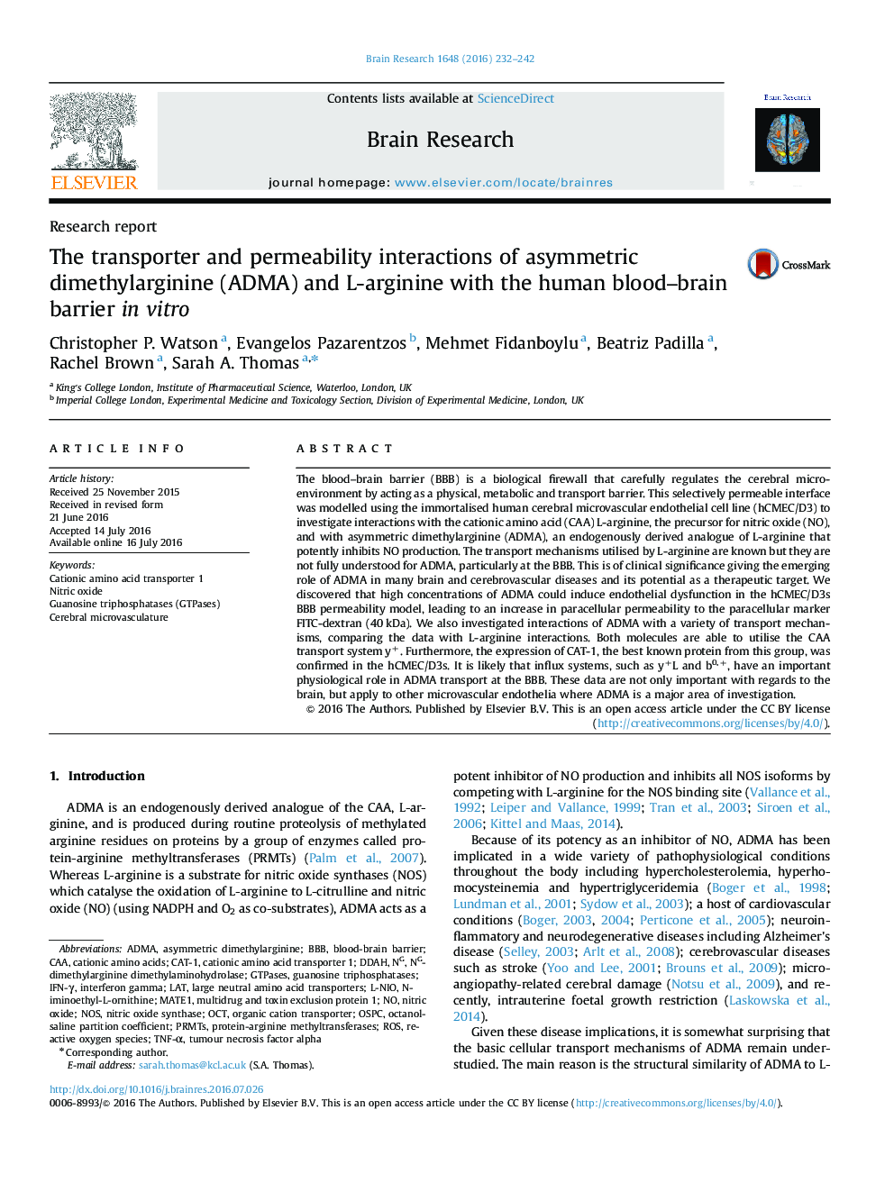 Research reportThe transporter and permeability interactions of asymmetric dimethylarginine (ADMA) and L-arginine with the human blood-brain barrier in vitro