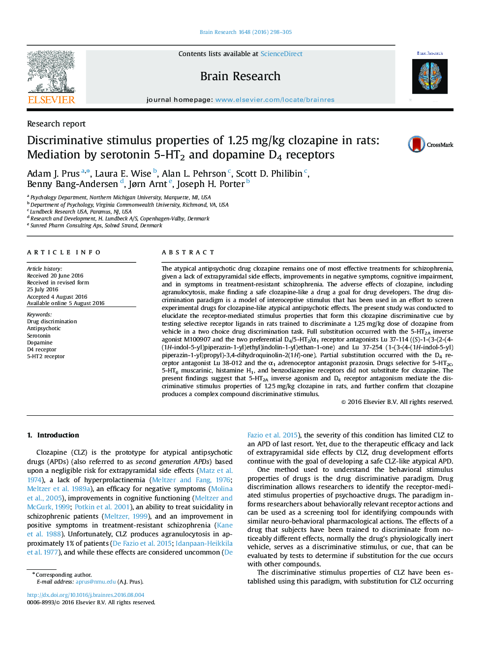 Research reportDiscriminative stimulus properties of 1.25Â mg/kg clozapine in rats: Mediation by serotonin 5-HT2 and dopamine D4 receptors