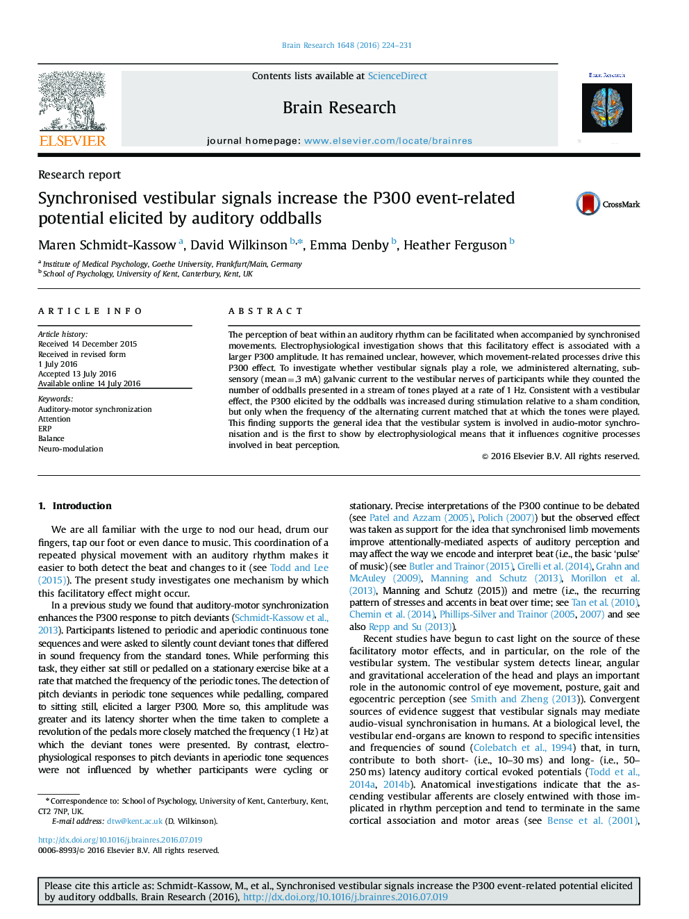 Research reportSynchronised vestibular signals increase the P300 event-related potential elicited by auditory oddballs