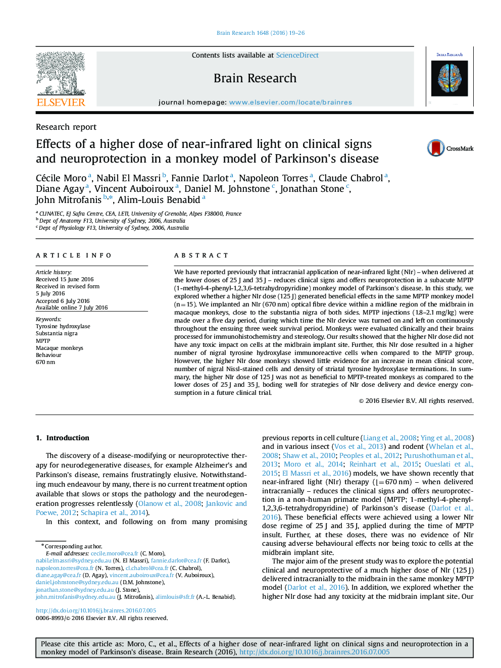 Research reportEffects of a higher dose of near-infrared light on clinical signs and neuroprotection in a monkey model of Parkinson's disease