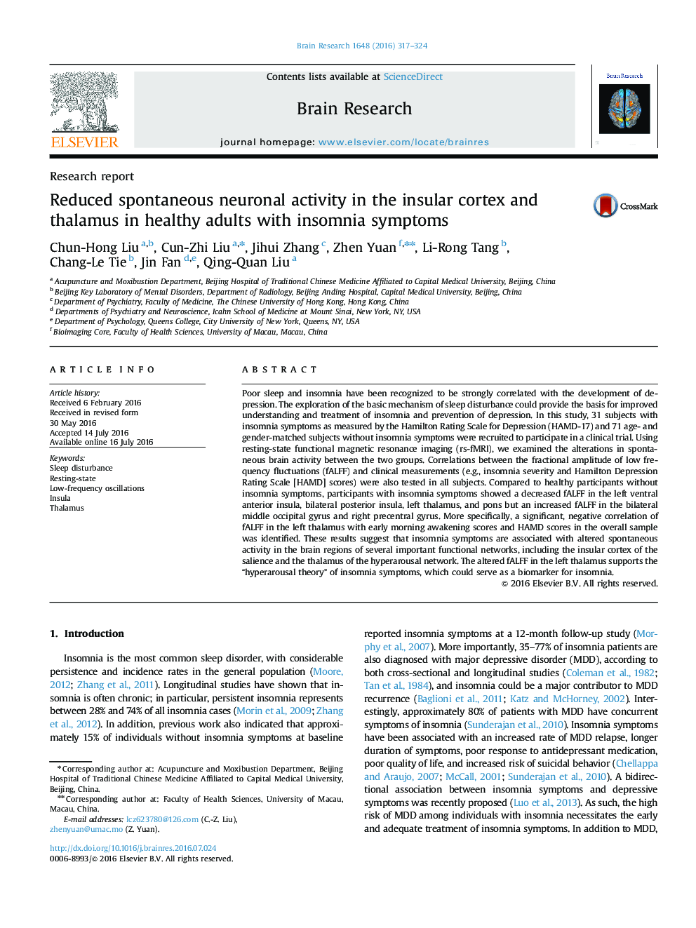 Research reportReduced spontaneous neuronal activity in the insular cortex and thalamus in healthy adults with insomnia symptoms