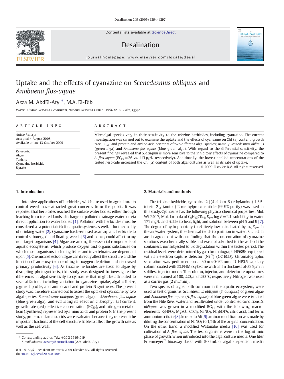 Uptake and the effects of cyanazine on Scenedesmus obliquus and Anabaena flos-aquae