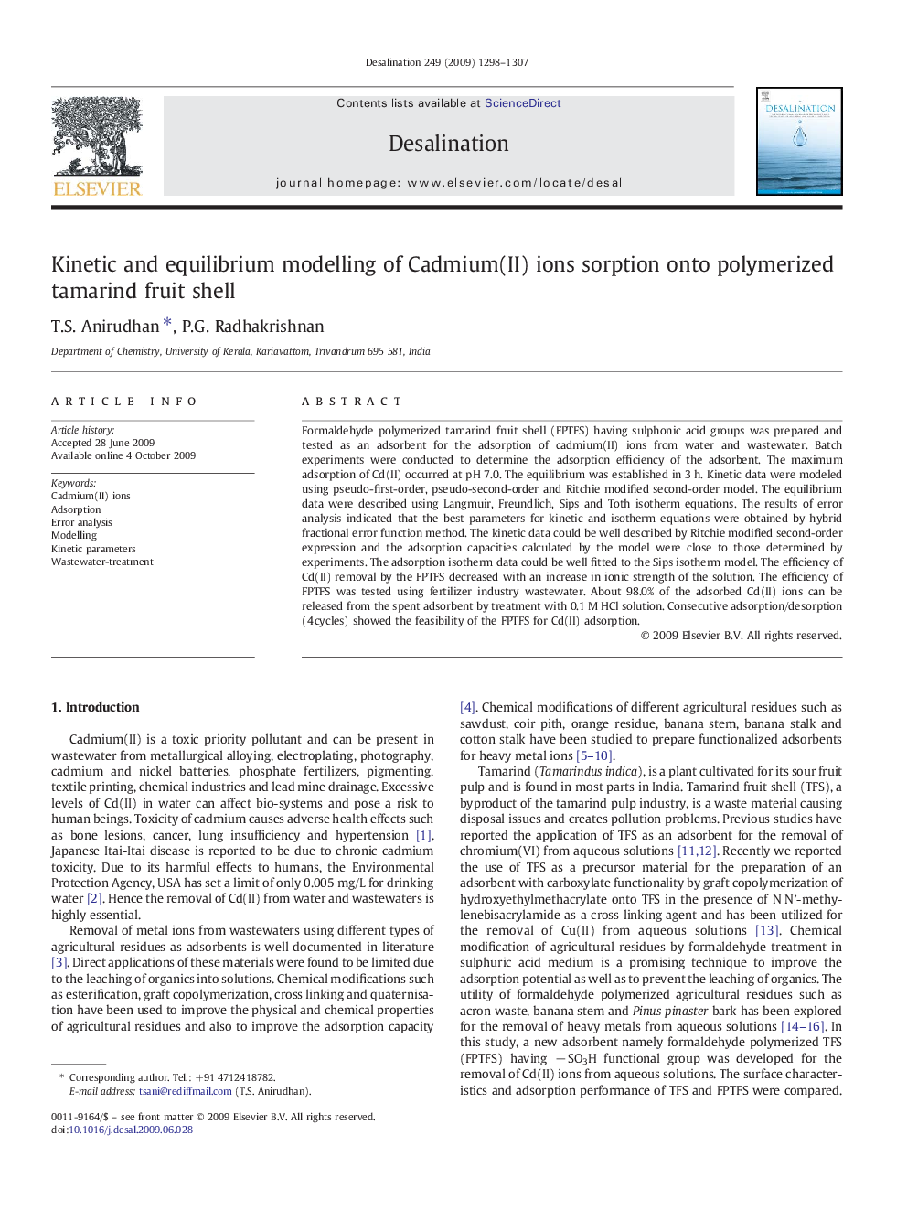 Kinetic and equilibrium modelling of Cadmium(II) ions sorption onto polymerized tamarind fruit shell