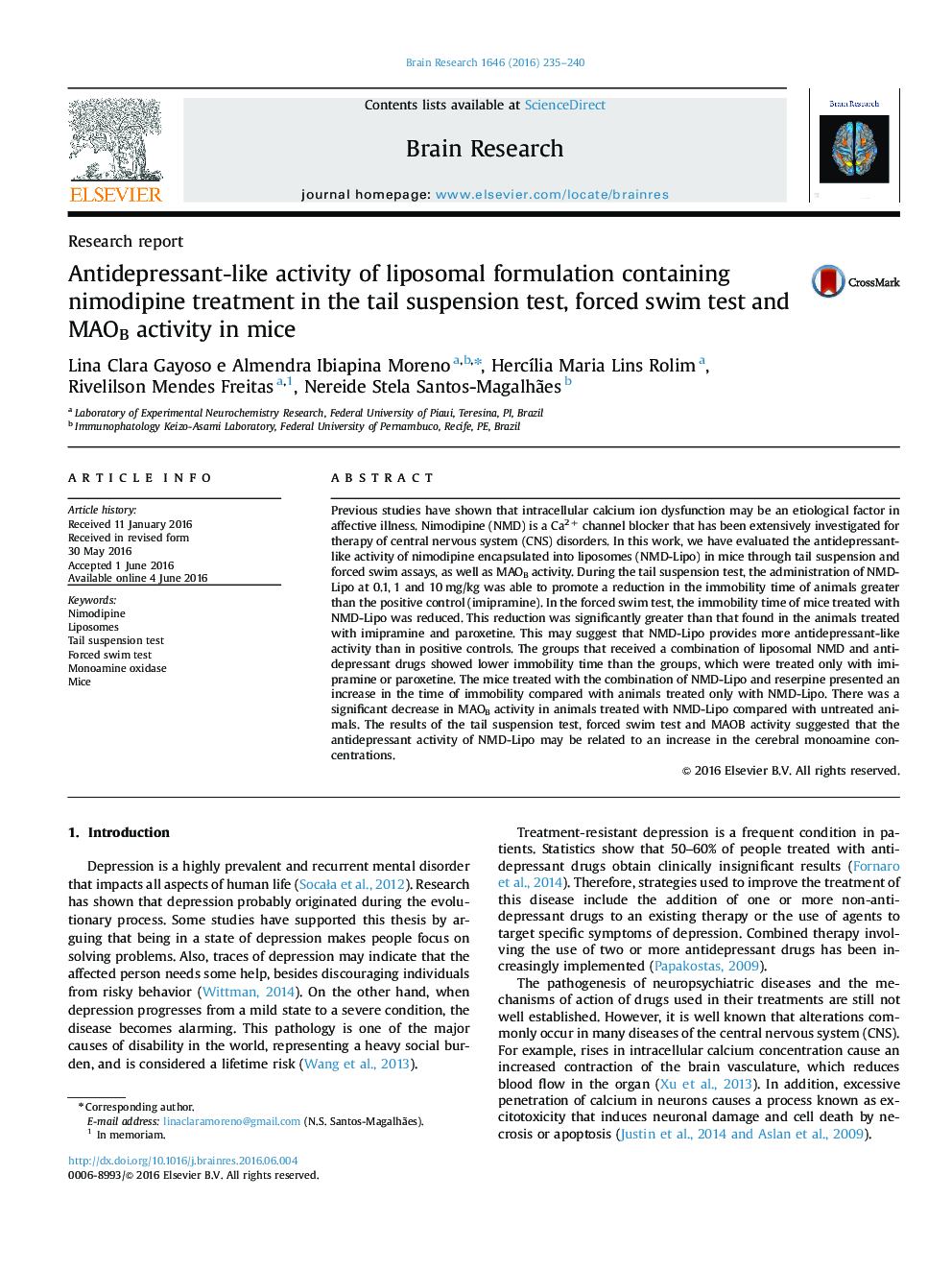 Research reportAntidepressant-like activity of liposomal formulation containing nimodipine treatment in the tail suspension test, forced swim test and MAOB activity in mice