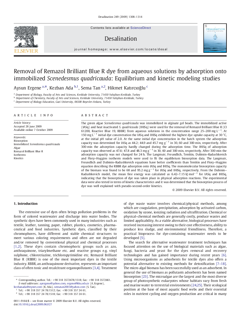 Removal of Remazol Brilliant Blue R dye from aqueous solutions by adsorption onto immobilized Scenedesmus quadricauda: Equilibrium and kinetic modeling studies