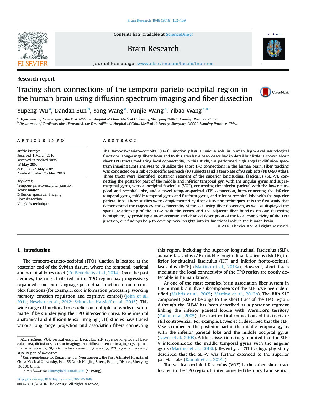 Research reportTracing short connections of the temporo-parieto-occipital region in the human brain using diffusion spectrum imaging and fiber dissection