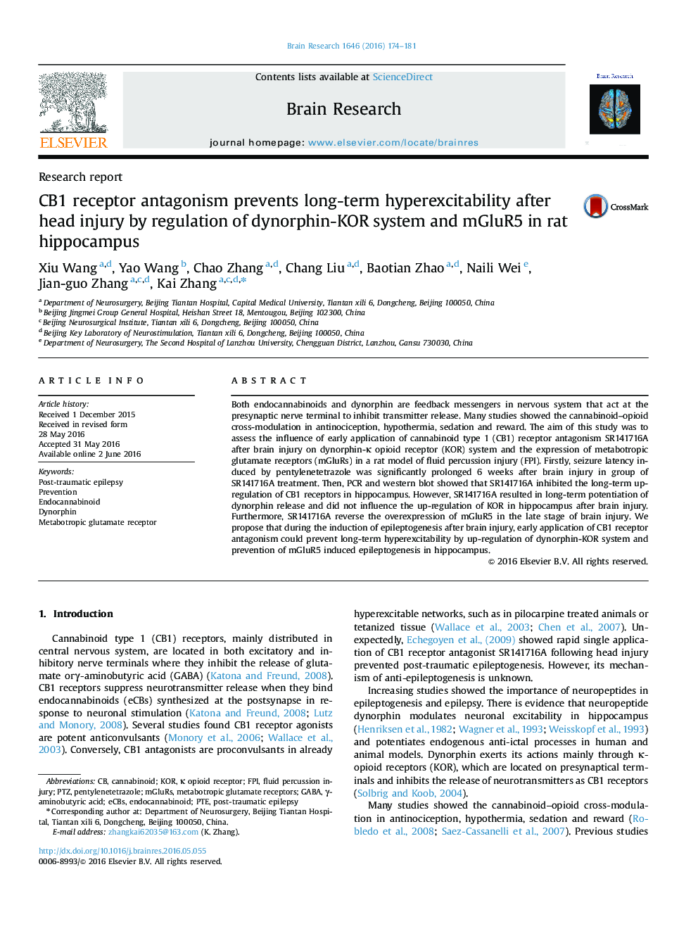 Research reportCB1 receptor antagonism prevents long-term hyperexcitability after head injury by regulation of dynorphin-KOR system and mGluR5 in rat hippocampus