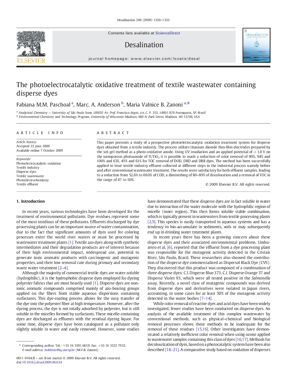 The photoelectrocatalytic oxidative treatment of textile wastewater containing disperse dyes