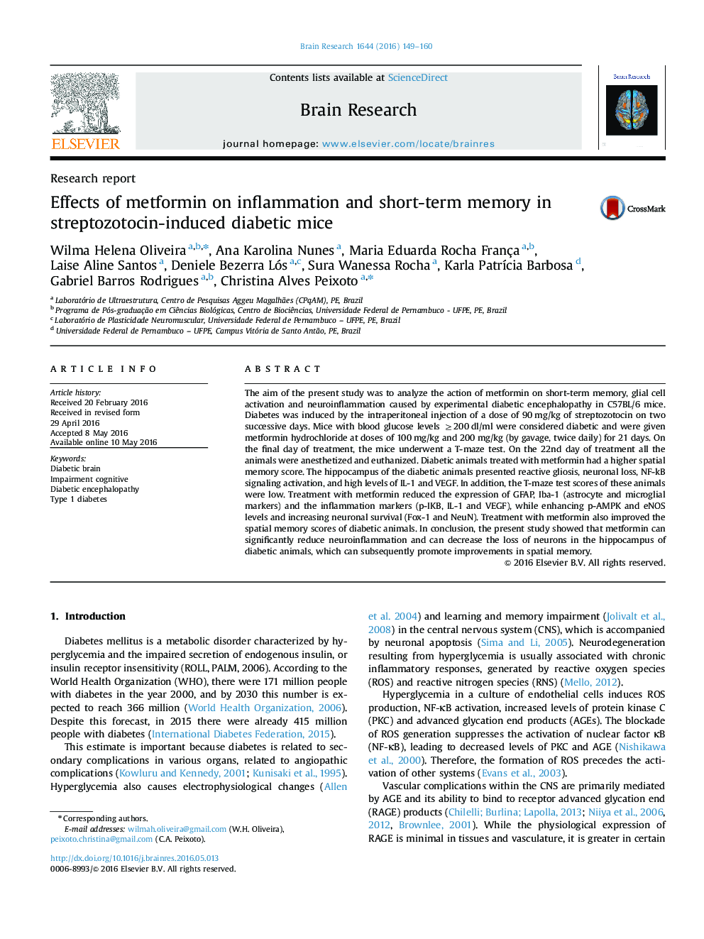 Research reportEffects of metformin on inflammation and short-term memory in streptozotocin-induced diabetic mice