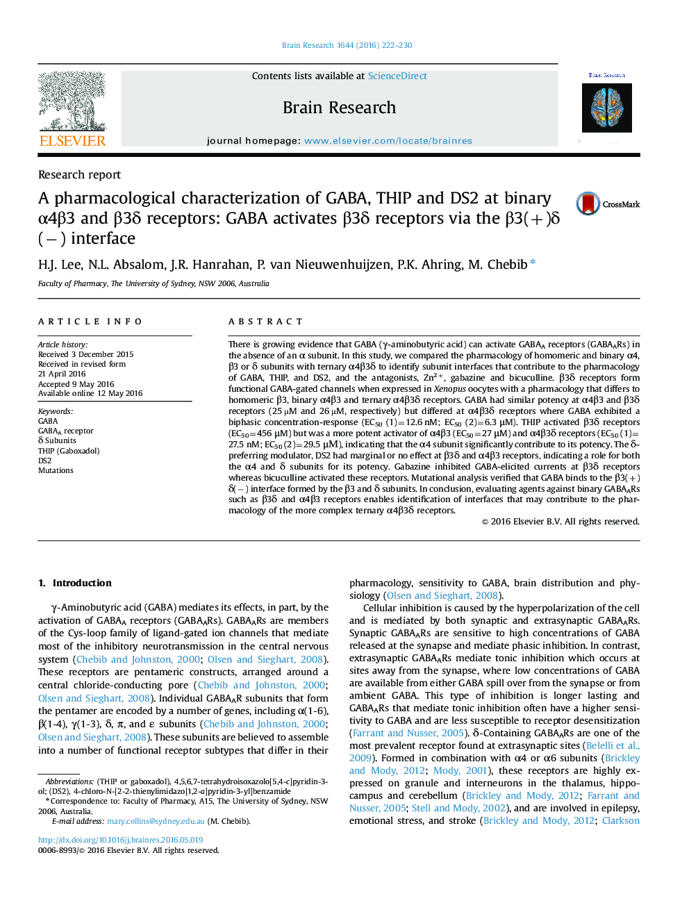 A pharmacological characterization of GABA, THIP and DS2 at binary α4β3 and β3δ receptors: GABA activates β3δ receptors via the β3(+)δ(−) interface
