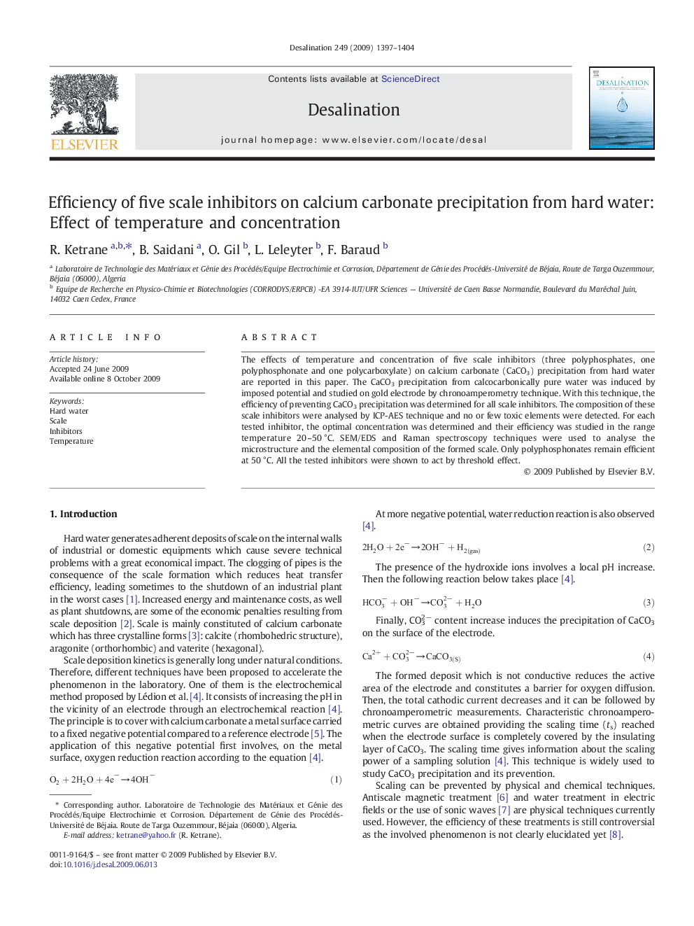 Efficiency of five scale inhibitors on calcium carbonate precipitation from hard water: Effect of temperature and concentration