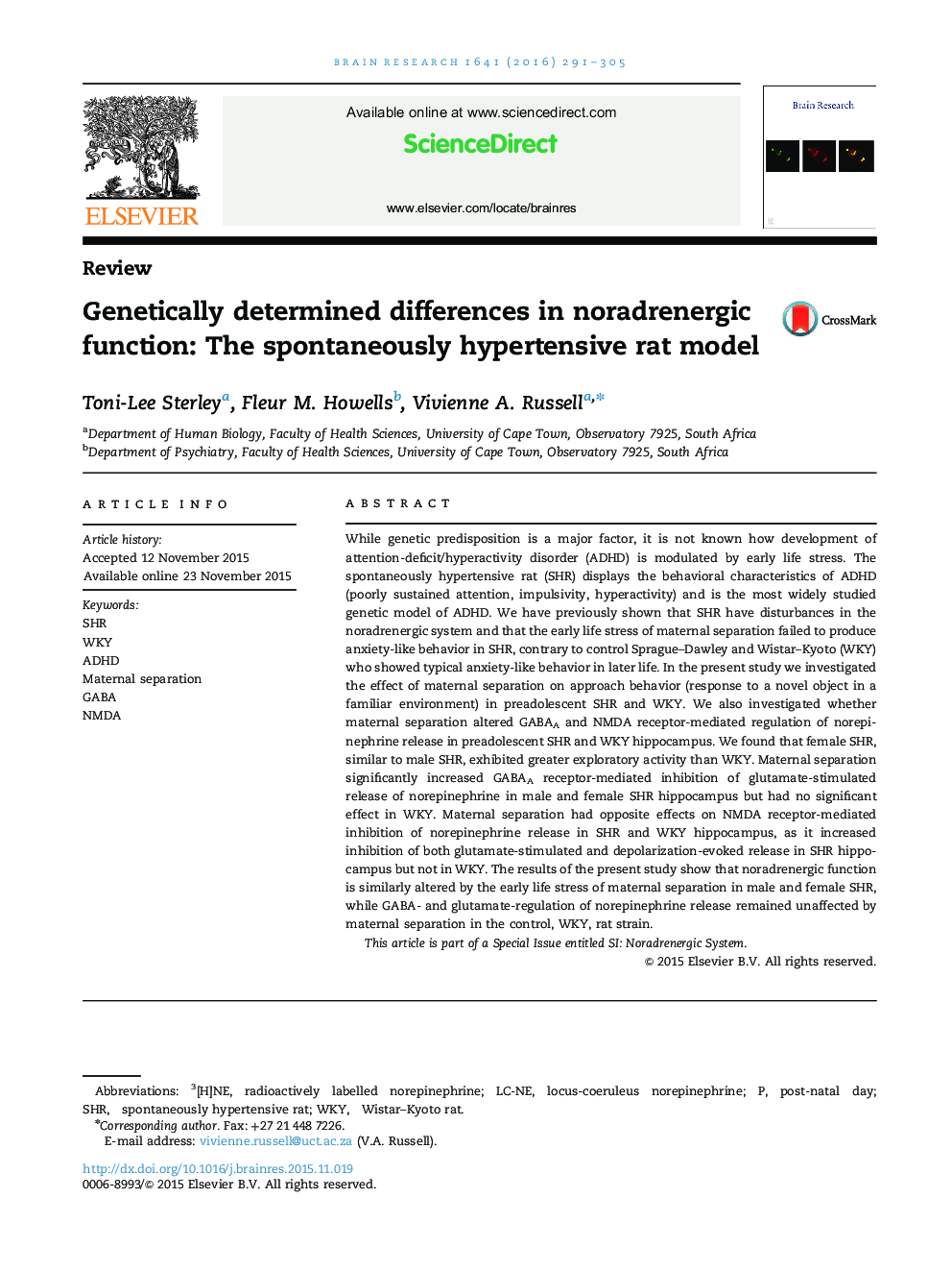 ReviewGenetically determined differences in noradrenergic function: The spontaneously hypertensive rat model