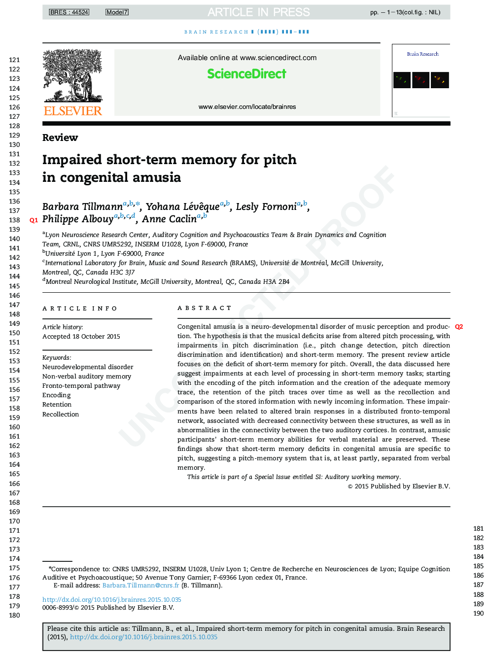 Impaired short-term memory for pitch in congenital amusia