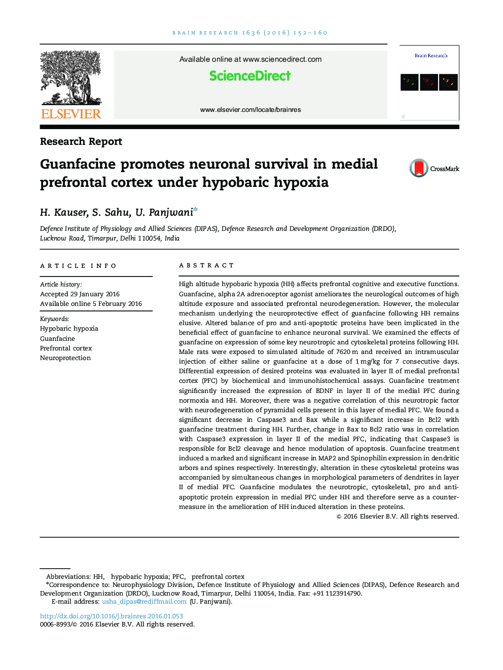 Research ReportGuanfacine promotes neuronal survival in medial prefrontal cortex under hypobaric hypoxia