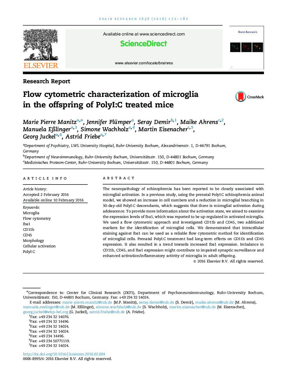 Research ReportFlow cytometric characterization of microglia in the offspring of PolyI:C treated mice
