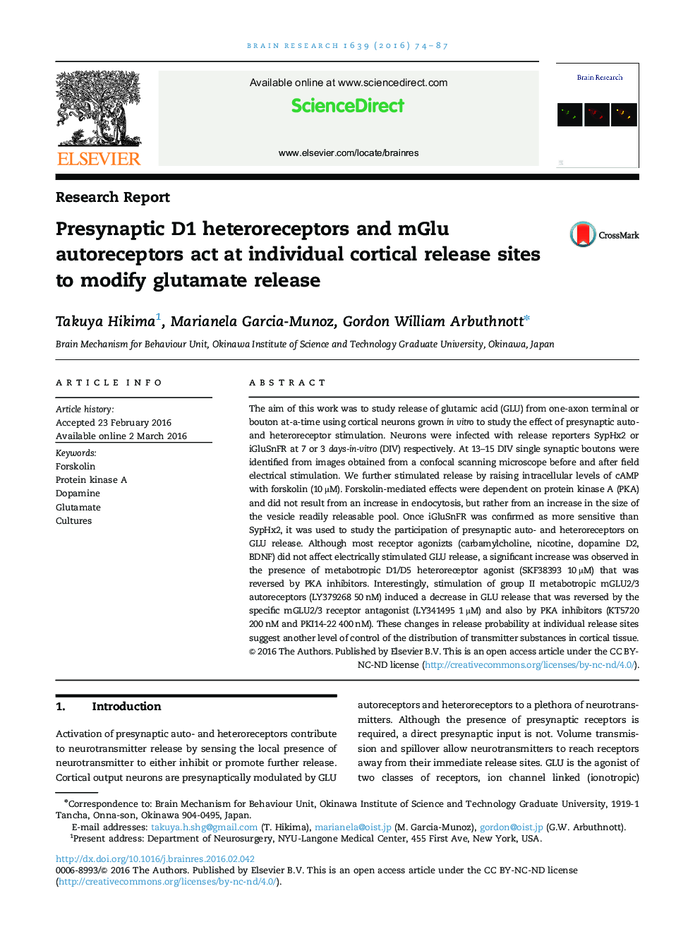 Research ReportPresynaptic D1 heteroreceptors and mGlu autoreceptors act at individual cortical release sites to modify glutamate release